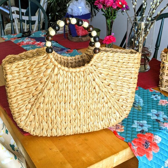 Handmade Woven Straw Bag with Wooden Bead Handles | Vacation Beach Bag| Gift - Picture 1 of 13